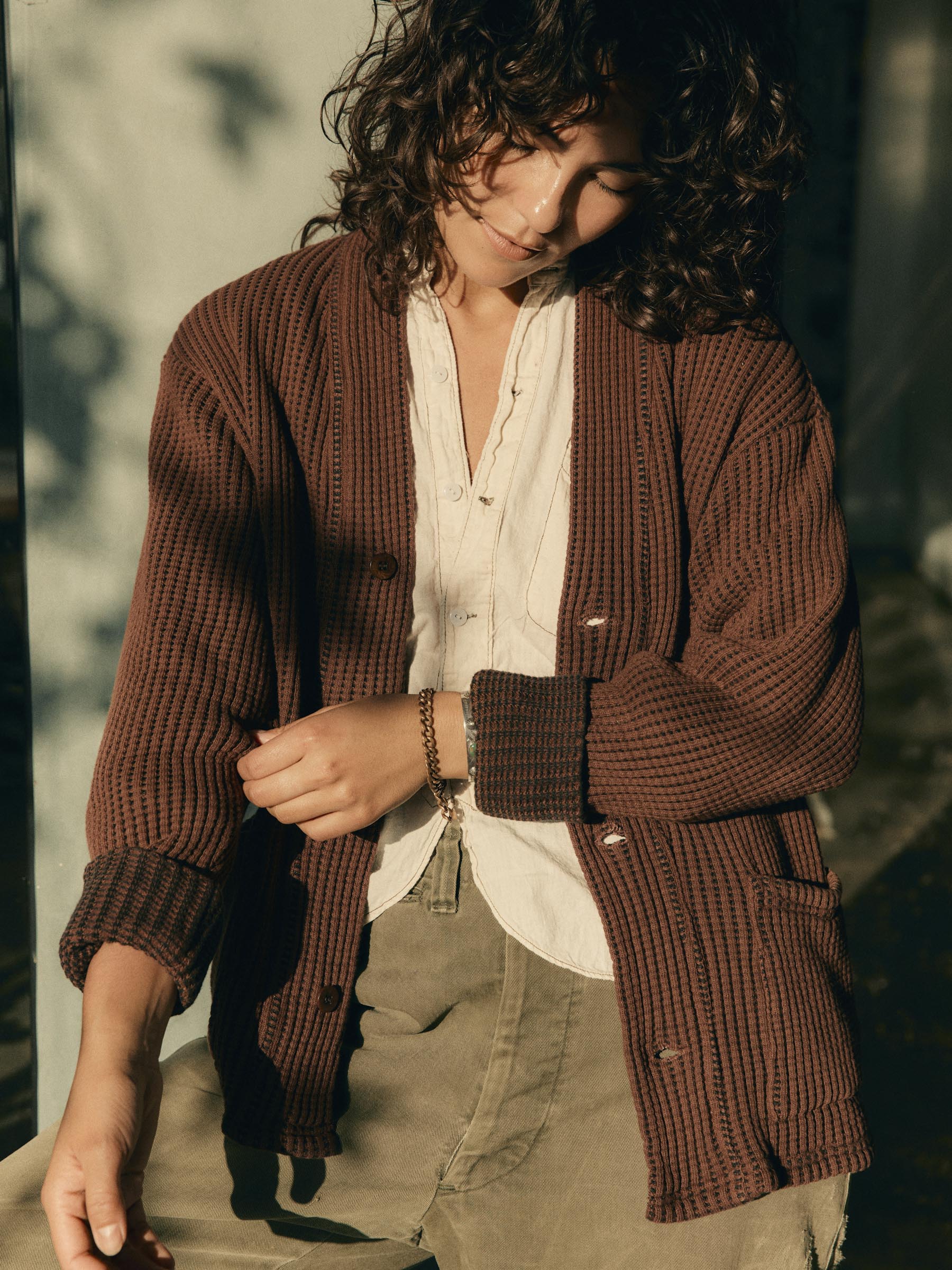 knit waffle cardigan in brown - Image 7