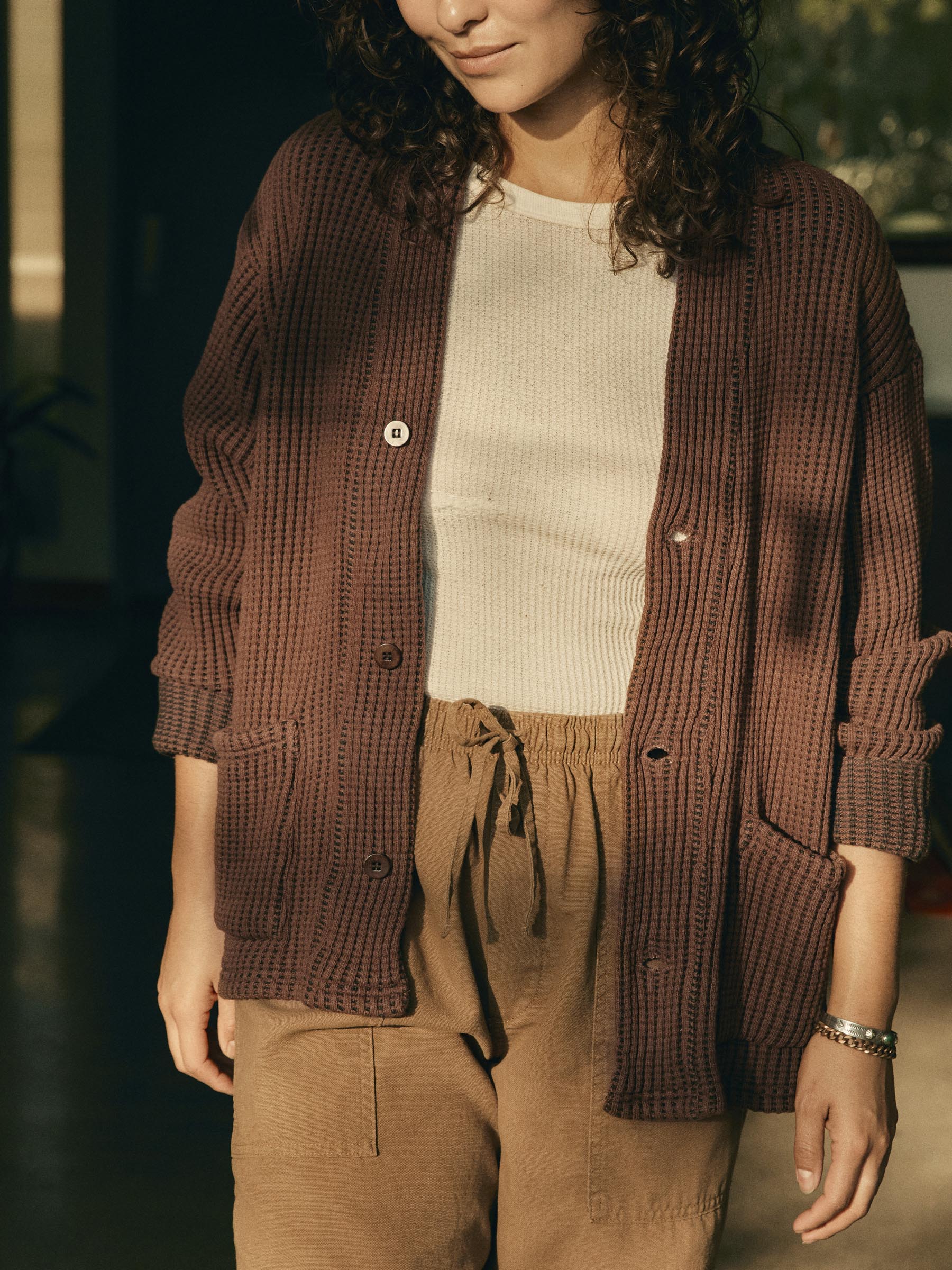knit waffle cardigan in brown - Image 8