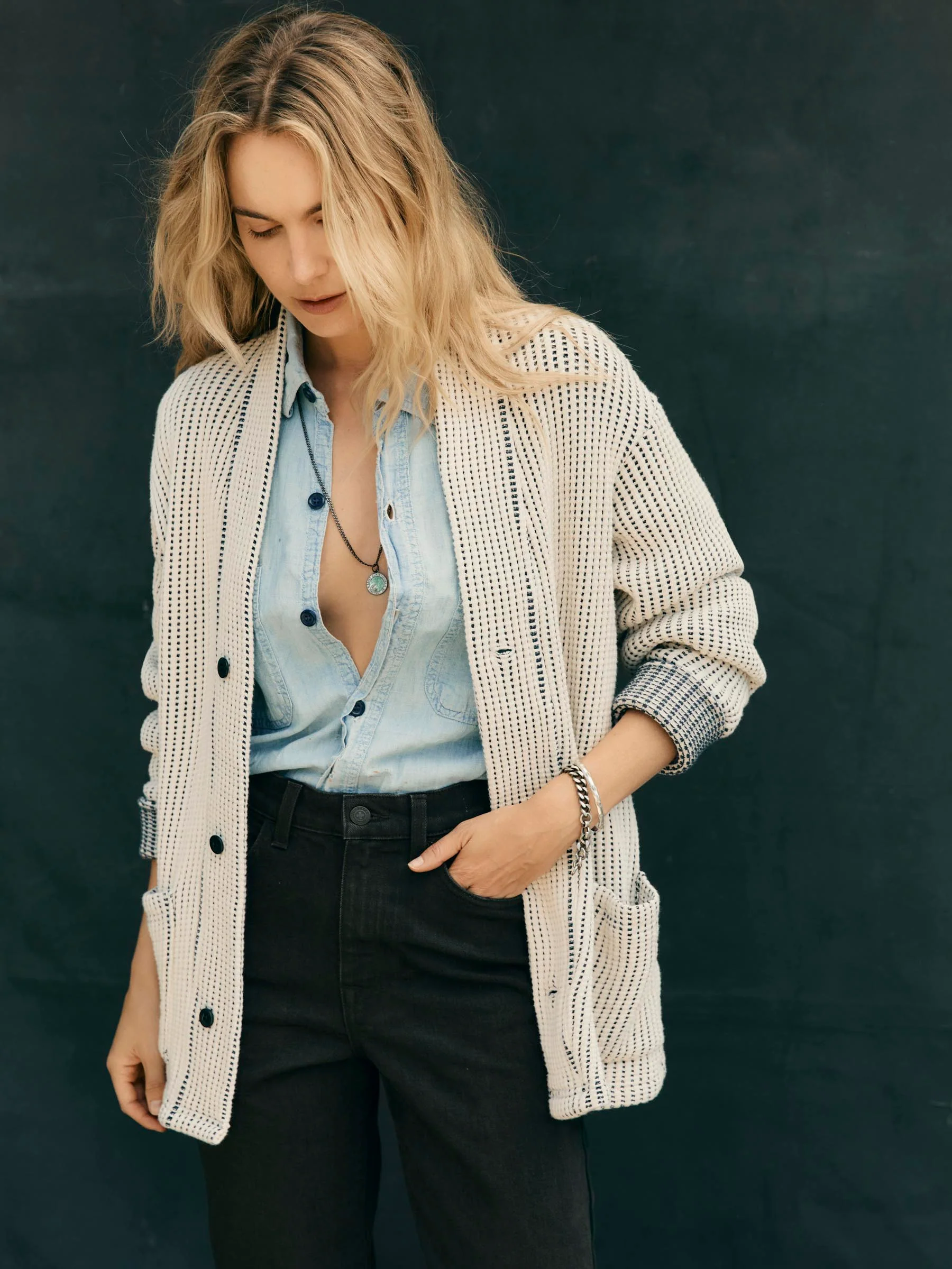 knit waffle cardigan in natural - Image 7